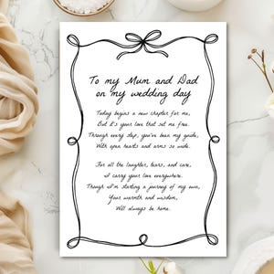 Biglietto di ringraziamento per mamma e papà con poesia, nel giorno del mio matrimonio, a mia mamma, papà, sorella, nonna, biglietto stampato, bianco e nero, semplice fiocco di nastro
