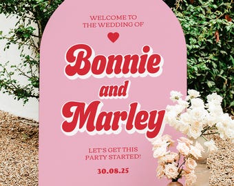 Retro Arched Wedding Welcome Sign: Pink & Red Printed Foam Board