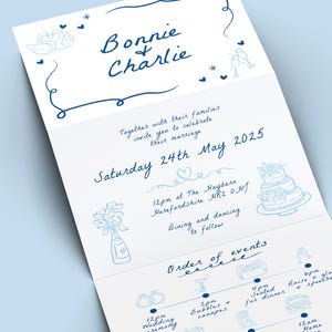 Plantilla de invitación de boda dibujada a mano, doblada, ilustración de garabato, RSVP, línea de tiempo, caprichosa, azul, impresa, garabato, tarjeta de invitación retro