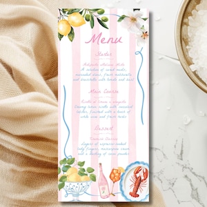 Menù di nozze di ispirazione italiana, stravagante, matrimonio estivo in Italia, menù di nozze personalizzato, illustrato, acquerello, carta del menù stampata, digitale