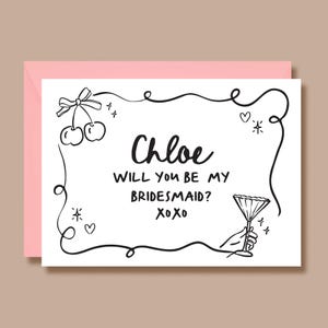 Tarjeta de propuesta de dama de honor, ¿Quieres ser mi dama de honor?, Blanco y negro, Dibujo a mano original, Personalizado, Elegante, Moderno y Simple, Tarjeta impresa A6