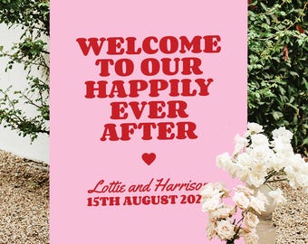 Wedding Welcome Sign: Pink and Red, Retro, Fun, Colourful, A1, A2, Printed Board