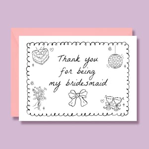 Brautjungfer Dankeskarte, Brautjungfer Geschenk, danke, dass Sie meine Brautjungfer sind, gedruckt, Schleife, handgezeichnet, schwarz weiß, modern einfach