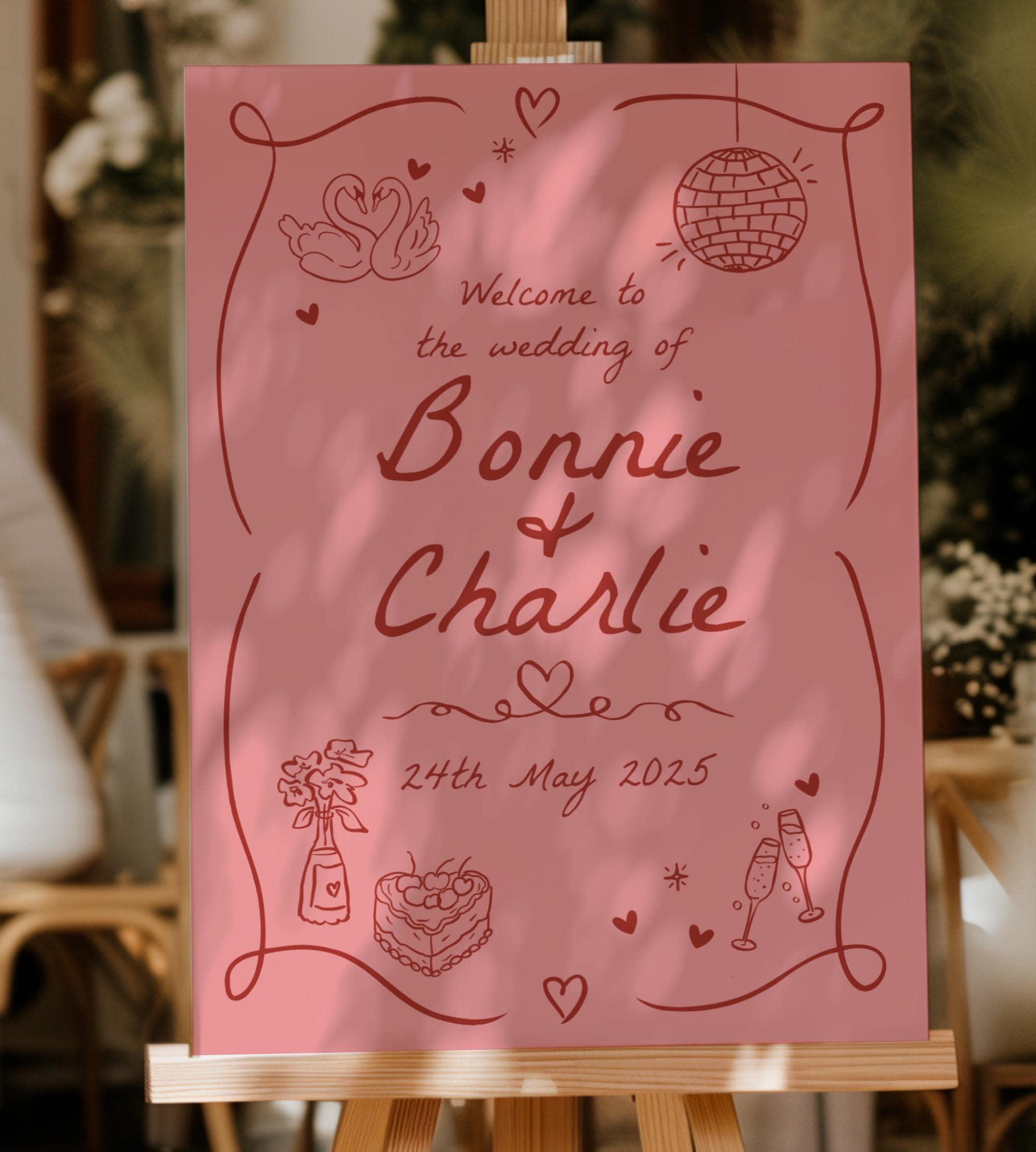 Wedding Welcome Sign, Hand Drawn, Disco, Printed Template, Doodle Illustration, Whimsical, Pink Red, Scribble, Board, Digital, Handwritten