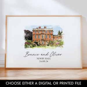 Afdruk trouwlocatie, aquarelschets, tekening, illustratie, jubileumcadeau, gepersonaliseerde kunstafdruk, huwelijkscadeau, Newby Hall