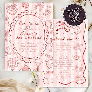 Invitation d'itinéraire de week-end de poule de Paris | EVJF en France | Modèle d'invitation | Imprimé ou numérique | Doodle dessiné à la main | Rose et rouge
