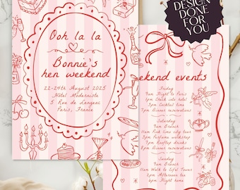 Paris Hen Weekend Itinerary Invitation: Hand-Drawn Pink & Red (Digital Download)