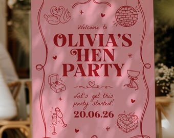 Whimsical Hen Party Welcome Sign: Pink & Red Ribbon Bow, Hand-Drawn Design