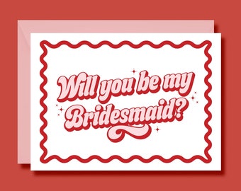 Bridesmaid Proposal Card: 70s Retro Pink & Red Wedding