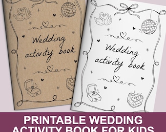 May include: Printable wedding activity book for kids. The cover features a black and white illustration of a wedding ring, cake, swans, and a disco ball. The text "Wedding activity book" is written in cursive.