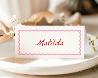 Hand-Drawn Wedding Place Cards: Pink & Red Wavy Border, Personalized