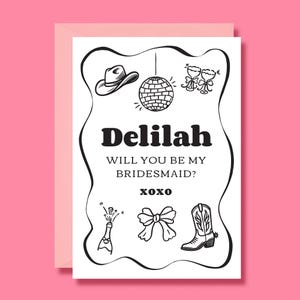 Cartão de pedido de casamento para madrinha, Quer ser minha madrinha, Preto e branco, Cowgirl, Desenhado à mão, Personalizado, Presente para madrinha, Disco, Cartão impresso em A6