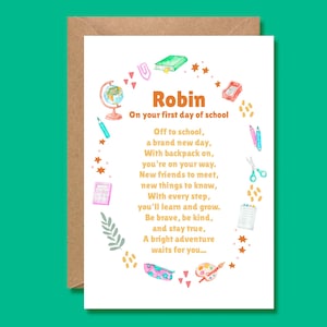 Personalized First Day of School Card: Good Luck Poem Keepsake