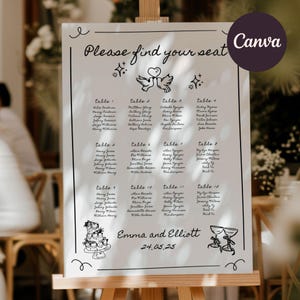 May include: A white wedding seating chart with black text and illustrations. The chart is titled "Please find your seat" and lists tables with guest names. The bottom of the chart includes the names "Emma and Elliott" and the date "24.05.25".