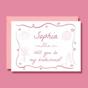 Cartão de proposta para madrinha de casamento, "Quer ser minha madrinha?", Borda ondulada, Desenho à mão, Rosa, Personalizado com nome, Modelo, Impresso