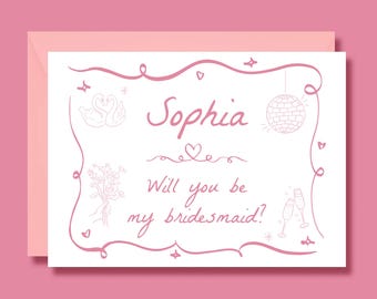 Könnte beinhalten: Eine weiße Karte mit rosa Text und Illustrationen. Der Text lautet "Sophia, Willst du meine Brautjungfer sein?" mit Illustrationen von Schwänen, Blumen, einer Discokugel und Sektgläsern.