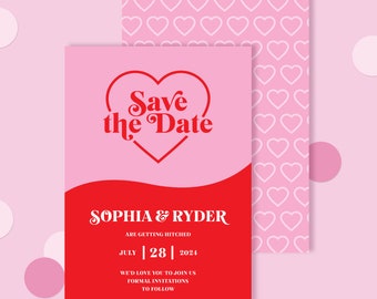 Retro 70s Save the Date Card: Neon Pink & Red (Digital or Printed)