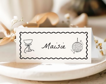 Hand-Drawn Wedding Place Cards: Black & White Wavy Design