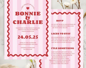 Retro Wavy Stripe Wedding Invitation: Pink & Red (Printed or PDF)