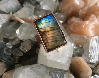 Square, Flashy, Electroformed Copper - Size 6 Labradorite Ring