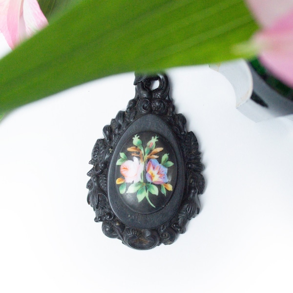 Antique Victorian Gutta Percha and Hand-painted Porcelain Floral Pendant - Mourning