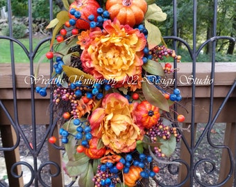 Fall Berry Wreath, Fall Berry Swag, Blue Berries Fall Wreath, Choice of Blue/Rust Plaid Ribbon, Autumn Berry Wreath, Autumn Berry Swag