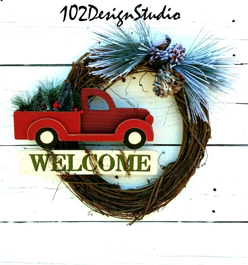 Christmas Wreath,Winter Wreath,Red Truck With Trees Wreath,Welcome Winter Wreath,Winter Swag,Vintage Red Truck Wreath,Red Truck Door Decor