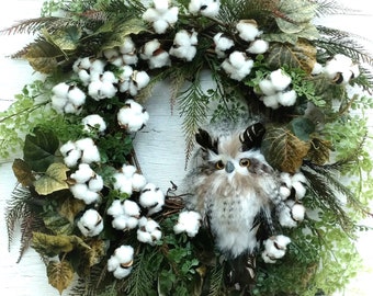 Owl Wreath, Cotton Boll Wreath, All Season Wreath, Nature Wreath, Woodland Owl Wreath, Etsy Owl Wreath, Etsy Owl Wreath, Nature Wreath