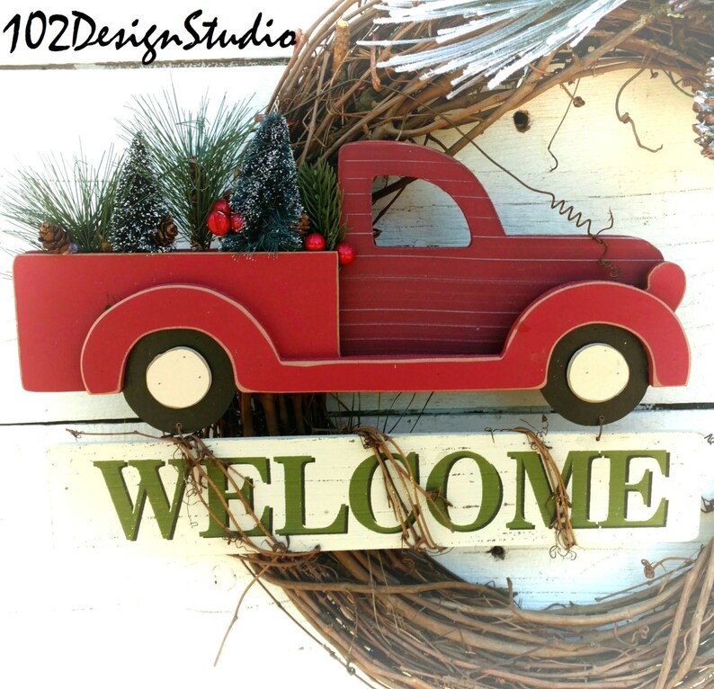 Christmas Wreath,Winter Wreath,Red Truck With Trees Wreath,Welcome Winter Wreath,Winter Swag,Vintage Red Truck Wreath,Red Truck Door Decor