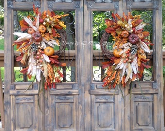 Double Door Fall Swag,Front Door Fall Swag,Double Door Autumn Swag,Double Door Autumn Wreath,Cornhusk Swag,Pumpkin Swag,Etsy Fall DoubleDoor