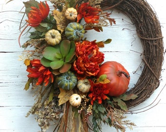 Fall Wreath, Autumn Wreath, Fall Swag, Autumn Swag, Thanksgiving Wreath, Etsy Fall Wreath, Fall Wall Decor, Pumpkin Wreath, Pumpkin Wall