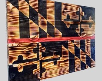 Bandera rústica de Maryland con líneas rojas delgadas y carbonizadas: arte mural de bomberos hecho a mano