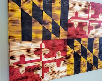 Bandera de Maryland carbonizada a mano: arte rústico para la pared, ideal para los verdaderos habitantes de Maryland.