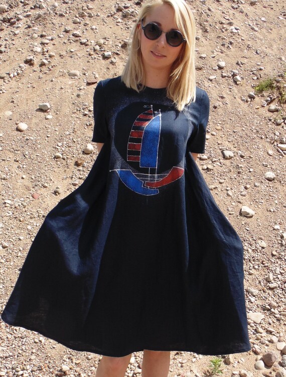 navy blue linen dress