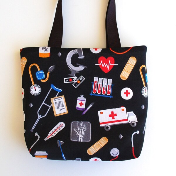 Medical Theme Science Fabric Gift Bag, Nurse Appreciation Gift, Medical Icons on Black