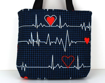 Medical Theme Science Fabric Gift Bag, Nurse Appreciation Gift, Heart Beats on Black