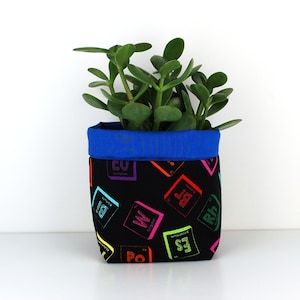 May include: A black fabric planter with a blue trim and a colorful periodic table print. The planter is filled with a green succulent plant.