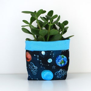 May include: A blue and black fabric planter with a space theme design featuring planets, stars, and constellations. A green succulent plant is growing in the planter.