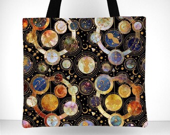 Celestial Tote Bag With Canvas Liner, Planets on Black