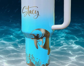 Manatee Stanley, Engraved 40 oz Tumbler, Ocean Stanley, Engraved Full Wrap, Stanley Sea, Quencher H2.0, **FREE KEYCHAIN**