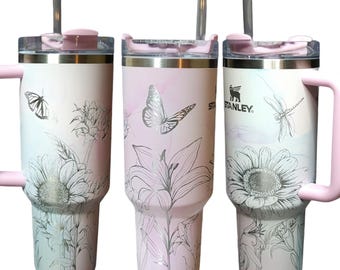 40oz Stanley Tumbler | Floral Sunflower and Lily Design | Perfect Gift for Gardeners & Nature Lovers
