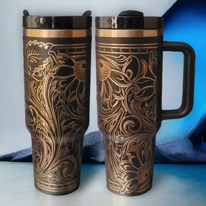 Copper Tooled Leather Sunflower Tumbler with Paisley Design - Add your branding