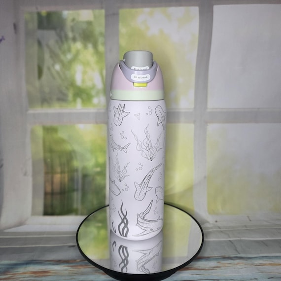 Owala Water Bottle with Shark Design | Laser Engraved 32 oz Ocean Theme Tumbler | Insulated Stainless Steel | Cool Gift for Kids & Teens