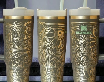 Geometric Engraved Stanley, Tooled Leather Sunflower, Sunflower Scroll, Western Sunflower, Whimsical Engraving, Artistic Motif Tumbler