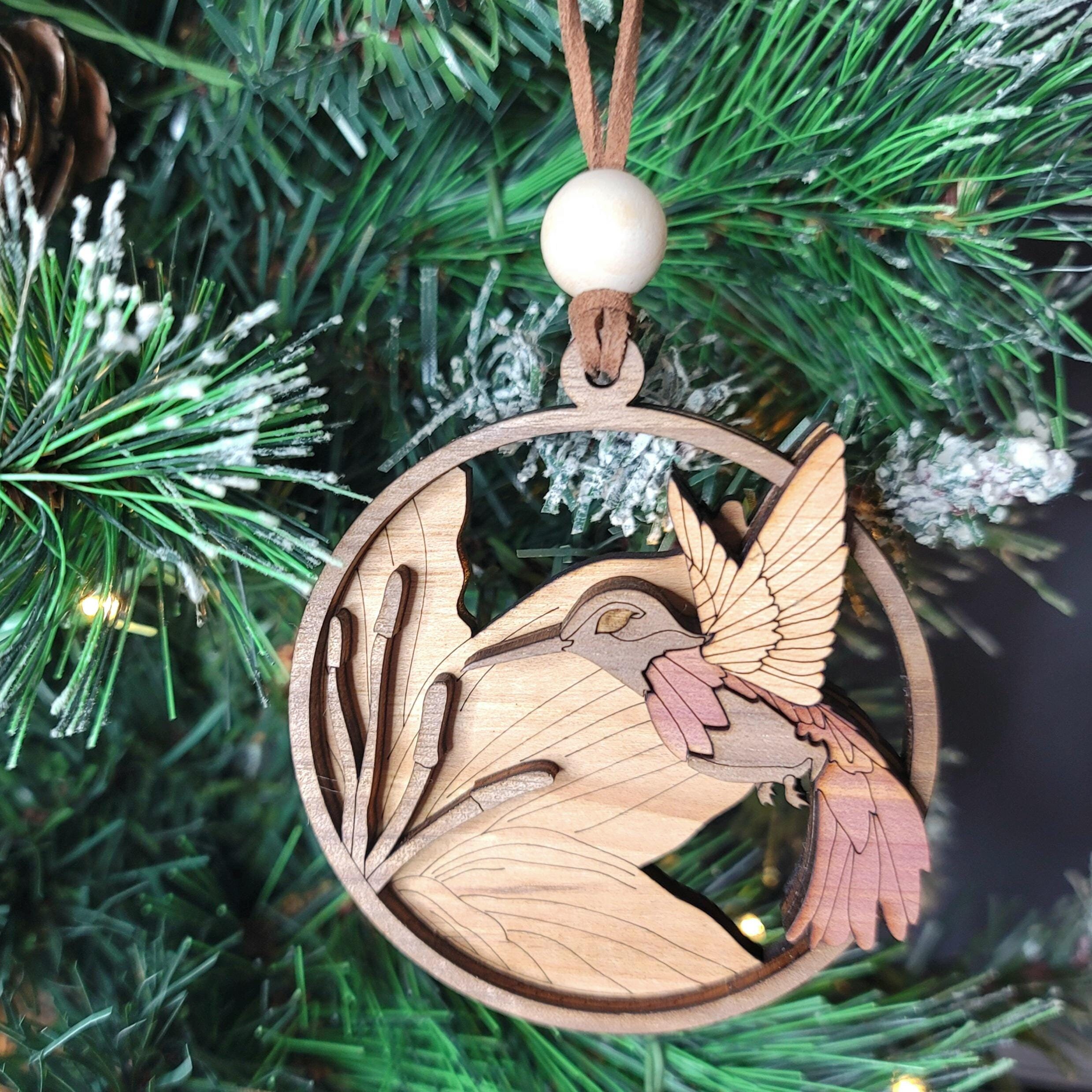 3D Marquetry Hummingbird Ornament: Handcrafted Wooden Bird, USA