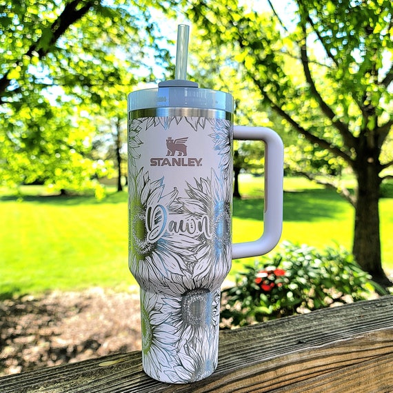 40oz Stanley Quencher - Engraved Sunflower Design Full Wrap with Handle &  Straw