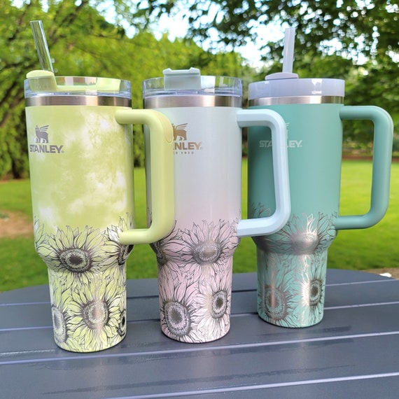 Sunflower Stanley Tumbler, Engraved 40oz Quencher, Personalized Travel Mug  With Handle, Large Coffee Cup, Water Bottle Floral Full Wrap 