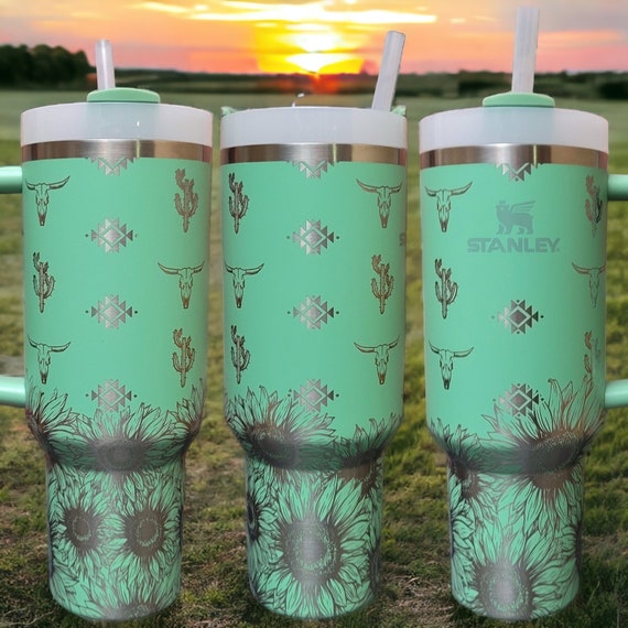 40oz Stanley Quencher - Engraved Sunflower Design Full Wrap with Handle &  Straw