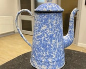 1950s Coffee Pot French Enamel Coffee Pot Stove Top Vintage Coffee Pot Retro Pale Blue Enamel Marbled Effect Large Coffee Pot French Country