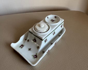 Victorian Porcelain Inkwell with Pen Rest: Antique Desk Accessory